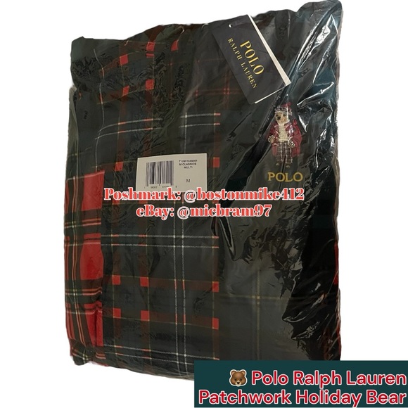 Polo by Ralph Lauren Multicolor Patchwork Hi-Pile Fleece Hoodie Holiday Bear MD - Picture 9 of 16